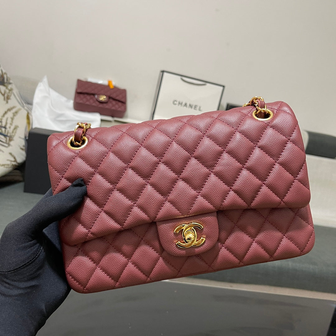 Chanel A01112 Classic Handbag Grained Calfskin Wine Red Gold