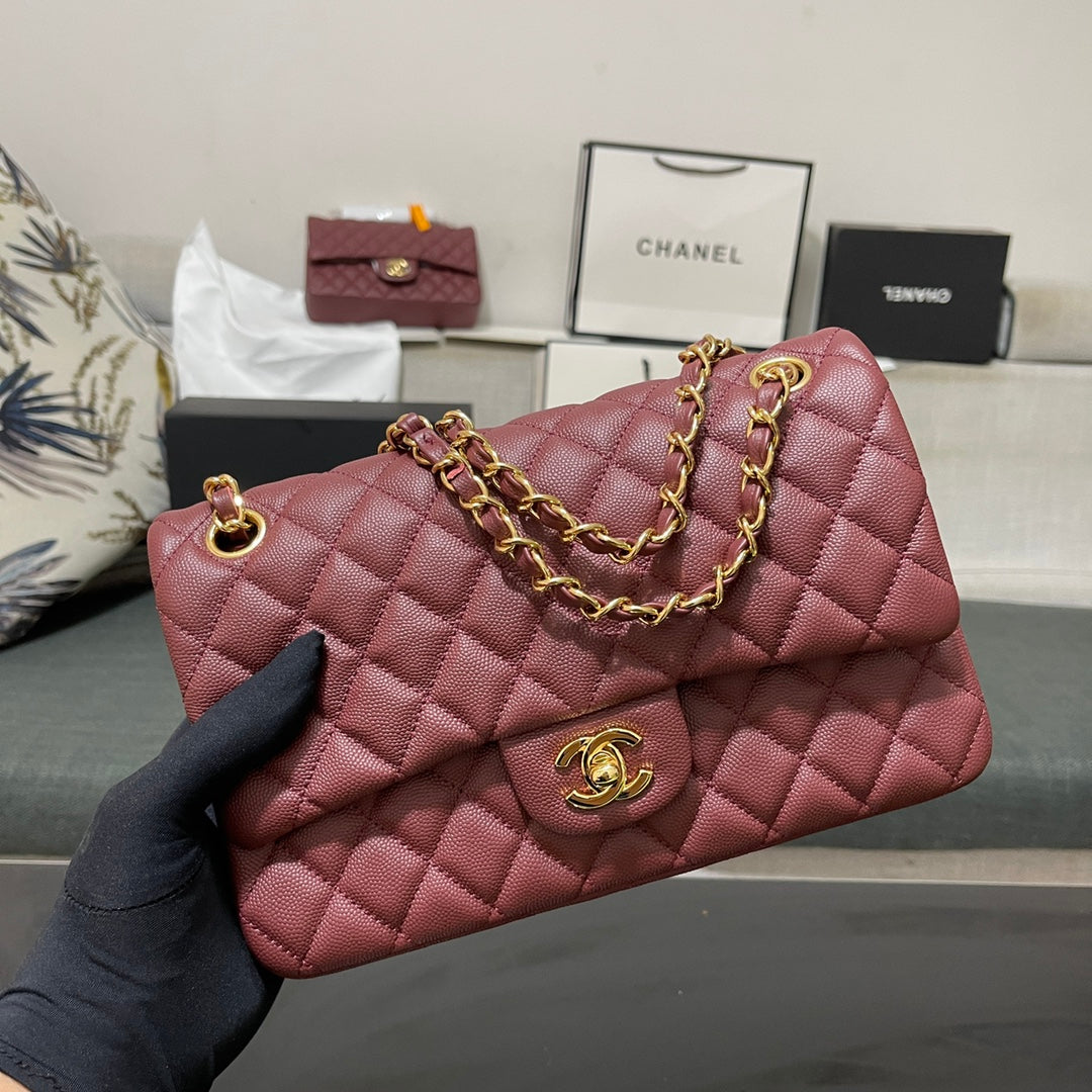 Chanel A01112 Classic Handbag Grained Calfskin Wine Red Gold