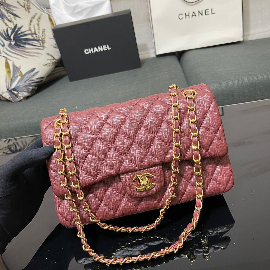 Chanel A01112 Classic Handbag Grained Calfskin Wine Red Gold