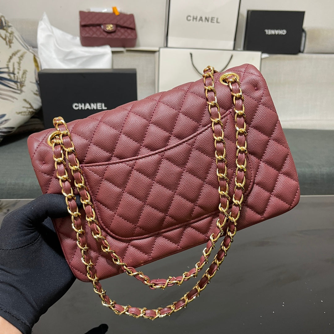 Chanel A01112 Classic Handbag Grained Calfskin Wine Red Gold