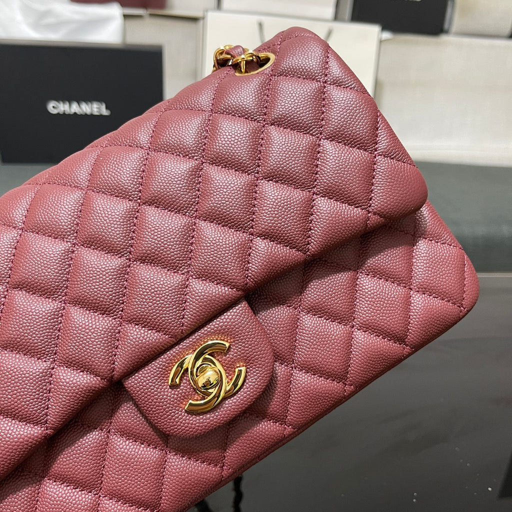 Chanel A01112 Classic Handbag Grained Calfskin Wine Red Gold