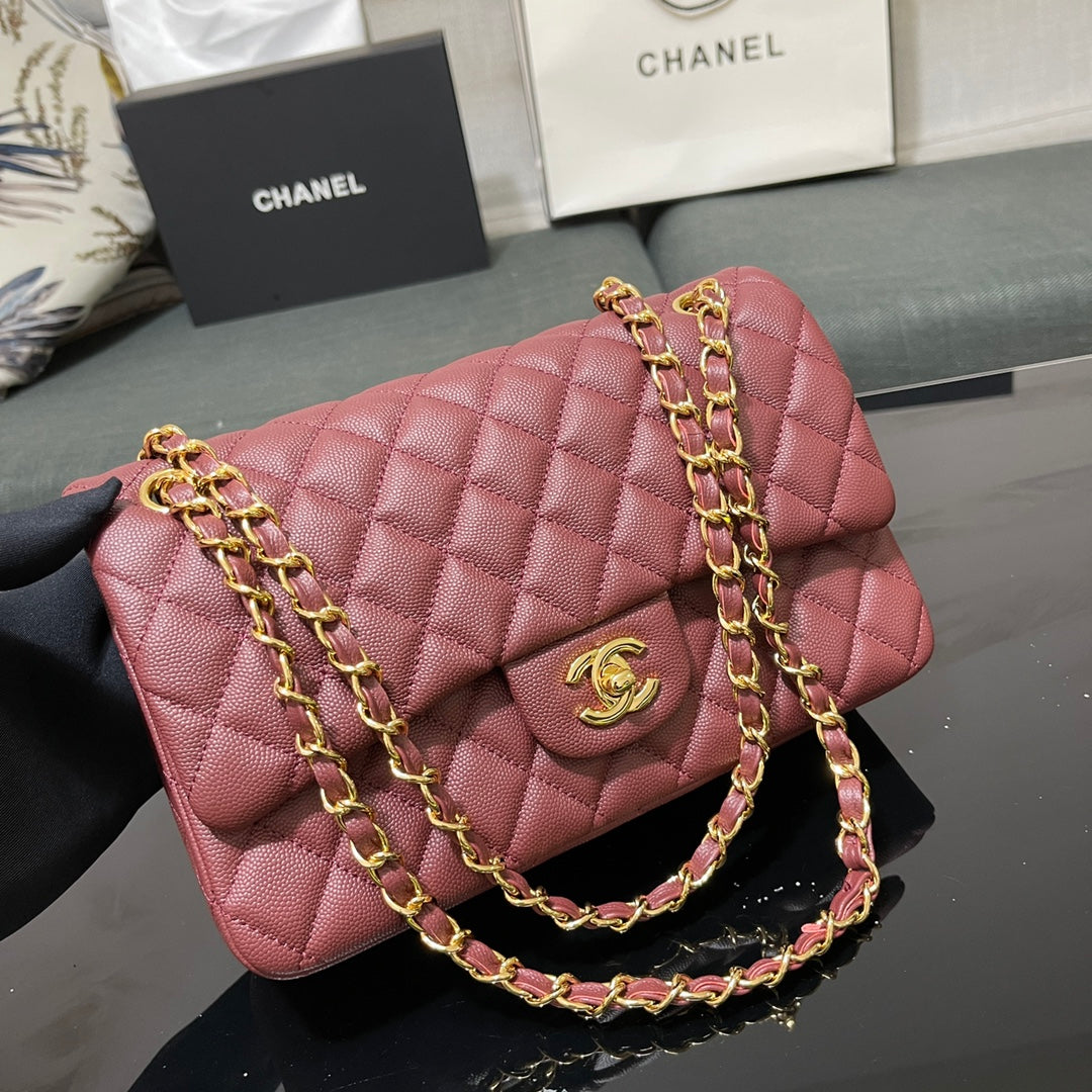 Chanel A01112 Classic Handbag Grained Calfskin Wine Red Gold