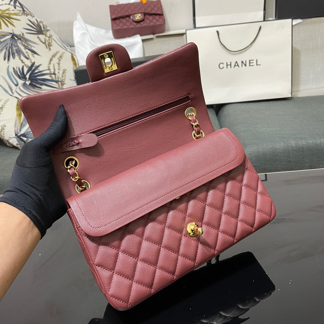 Chanel A01112 Classic Handbag Grained Calfskin Wine Red Gold