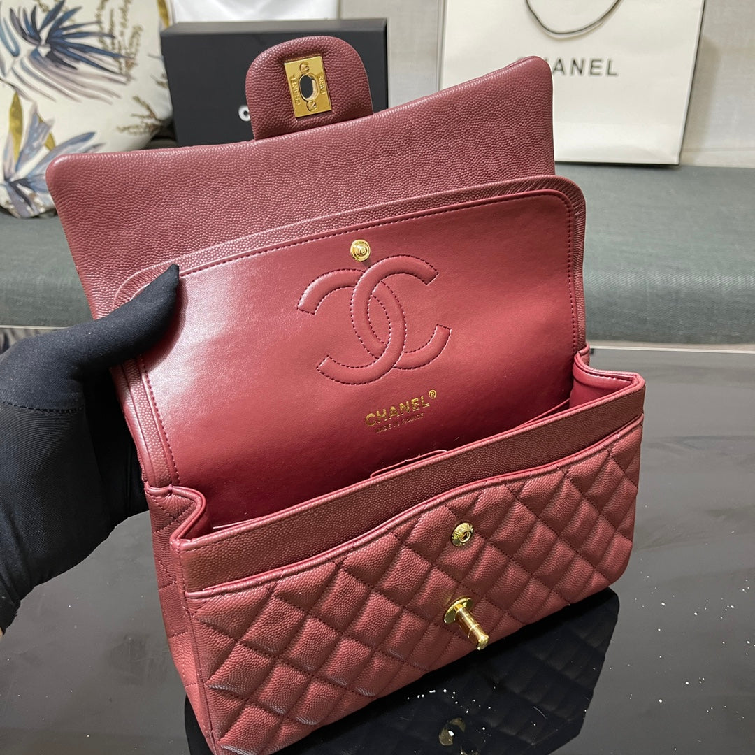 Chanel A01112 Classic Handbag Grained Calfskin Wine Red Gold