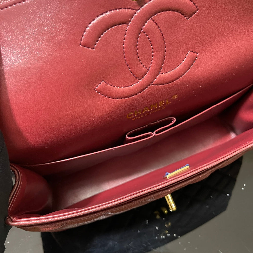 Chanel A01112 Classic Handbag Grained Calfskin Wine Red Gold