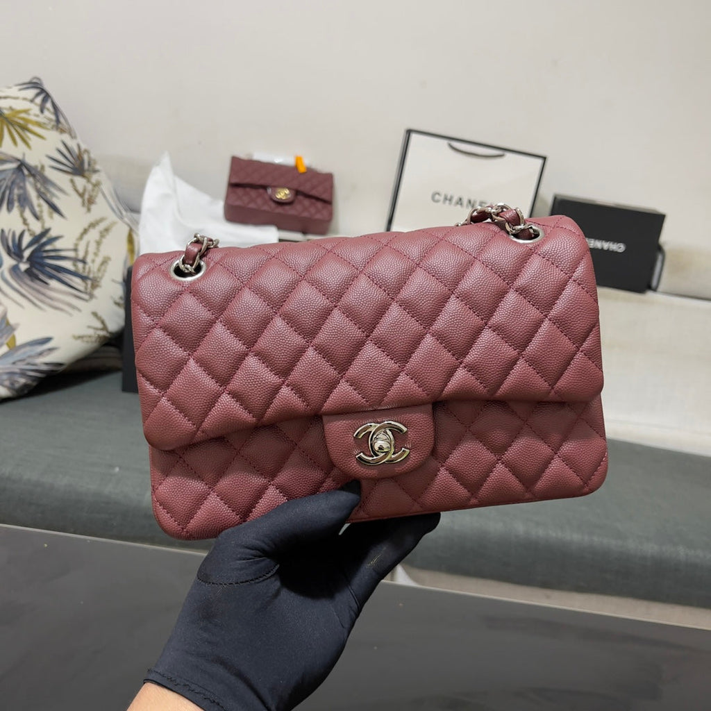 Chanel A01112 Classic Handbag Grained Calfskin Wine Red Silver