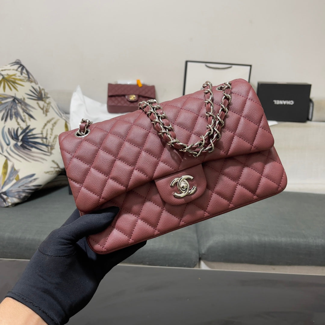 Chanel A01112 Classic Handbag Grained Calfskin Wine Red Silver