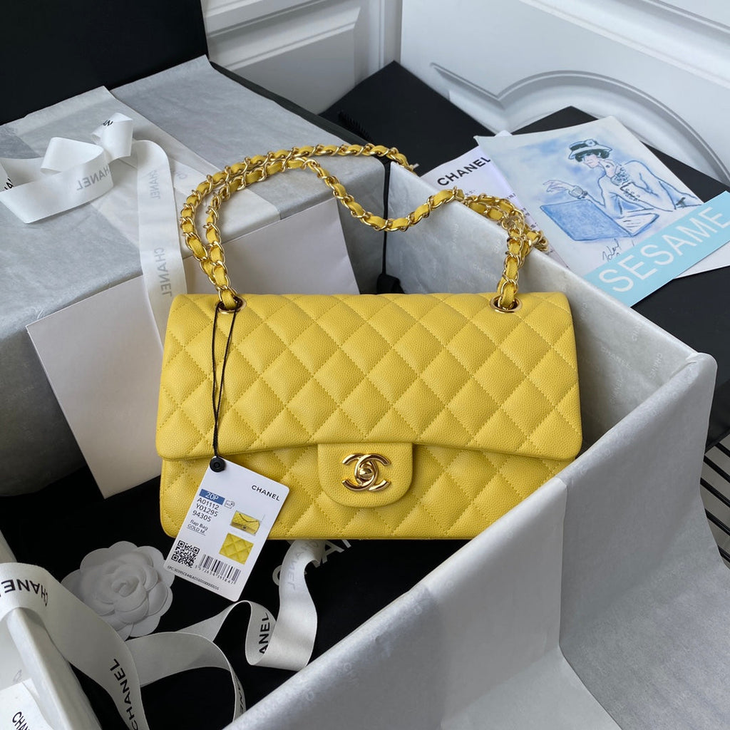 Chanel A01112 Classic Handbag Grained Calfskin Yellow Gold