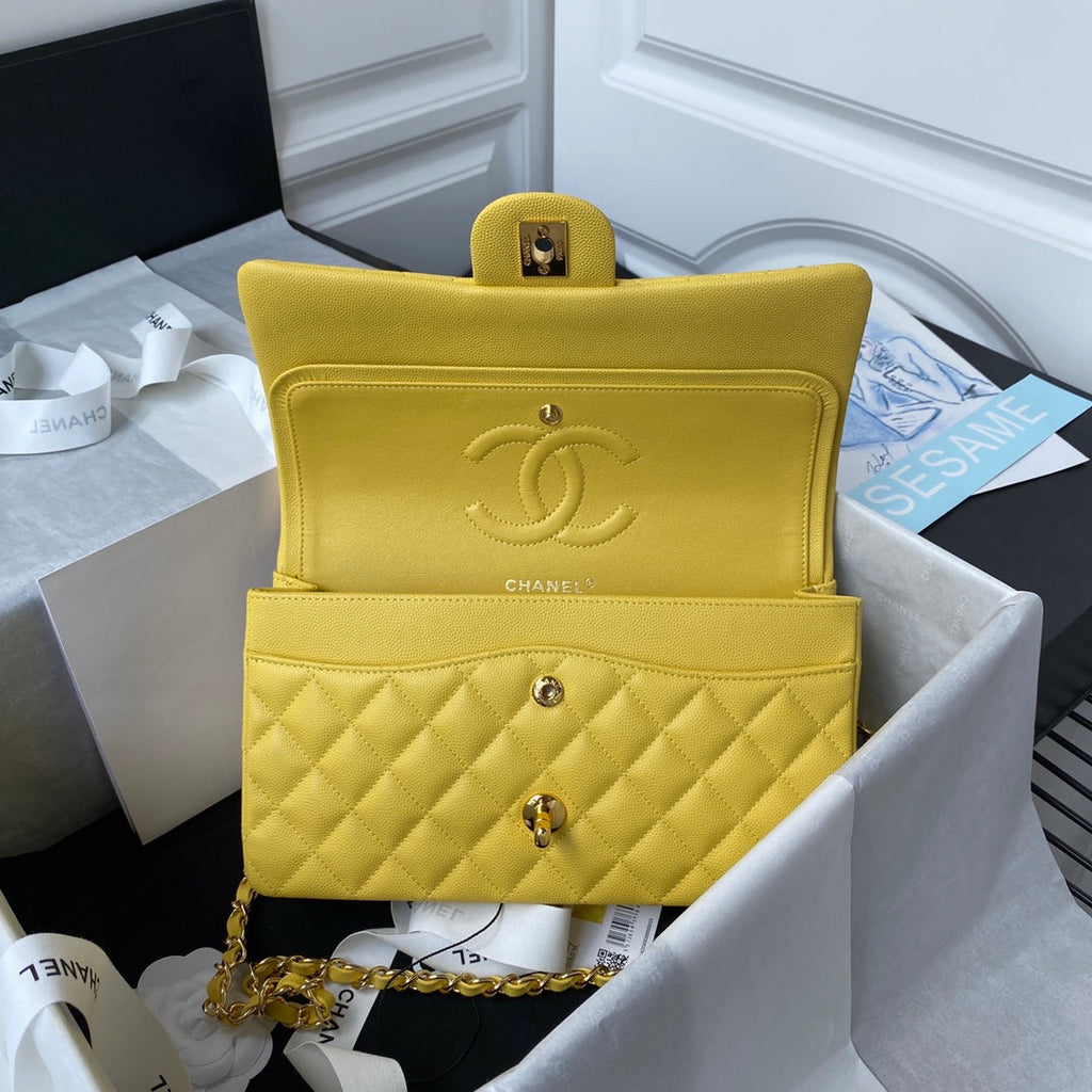 Chanel A01112 Classic Handbag Grained Calfskin Yellow Gold