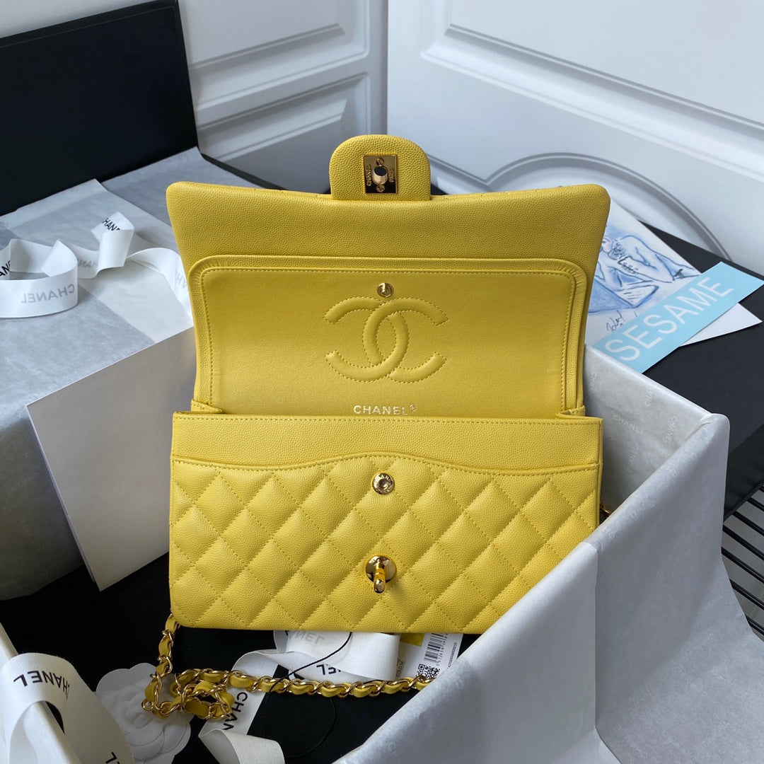 Chanel A01112 Classic Handbag Grained Calfskin Yellow Gold