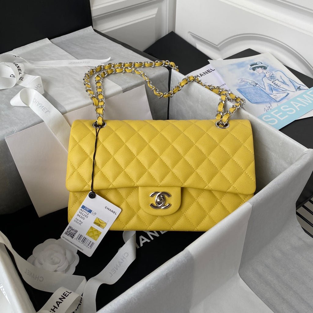 Chanel A01112 Classic Handbag Grained Calfskin Yellow Silver