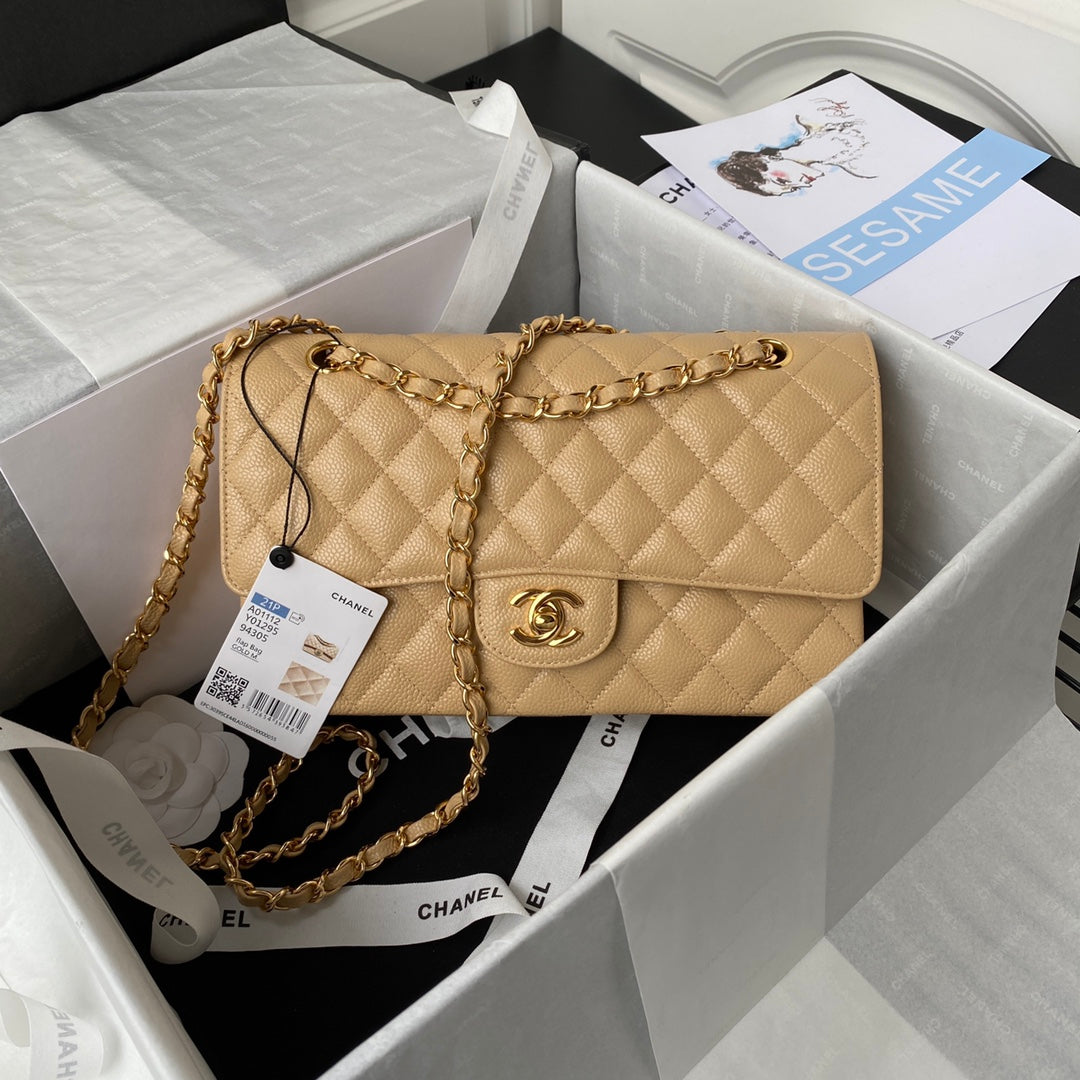 Chanel A01112 Classic Handbag Grained Calfskin Dark Beige Gold