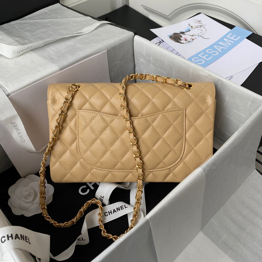 Chanel A01112 Classic Handbag Grained Calfskin Dark Beige Gold