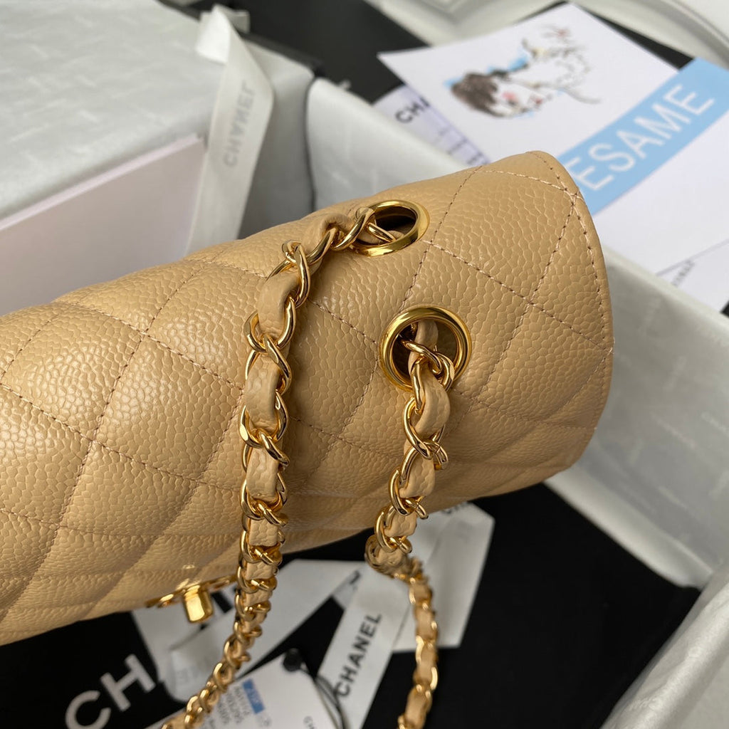 Chanel A01112 Classic Handbag Grained Calfskin Dark Beige Gold