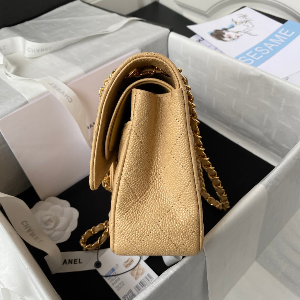 Chanel A01112 Classic Handbag Grained Calfskin Dark Beige Gold