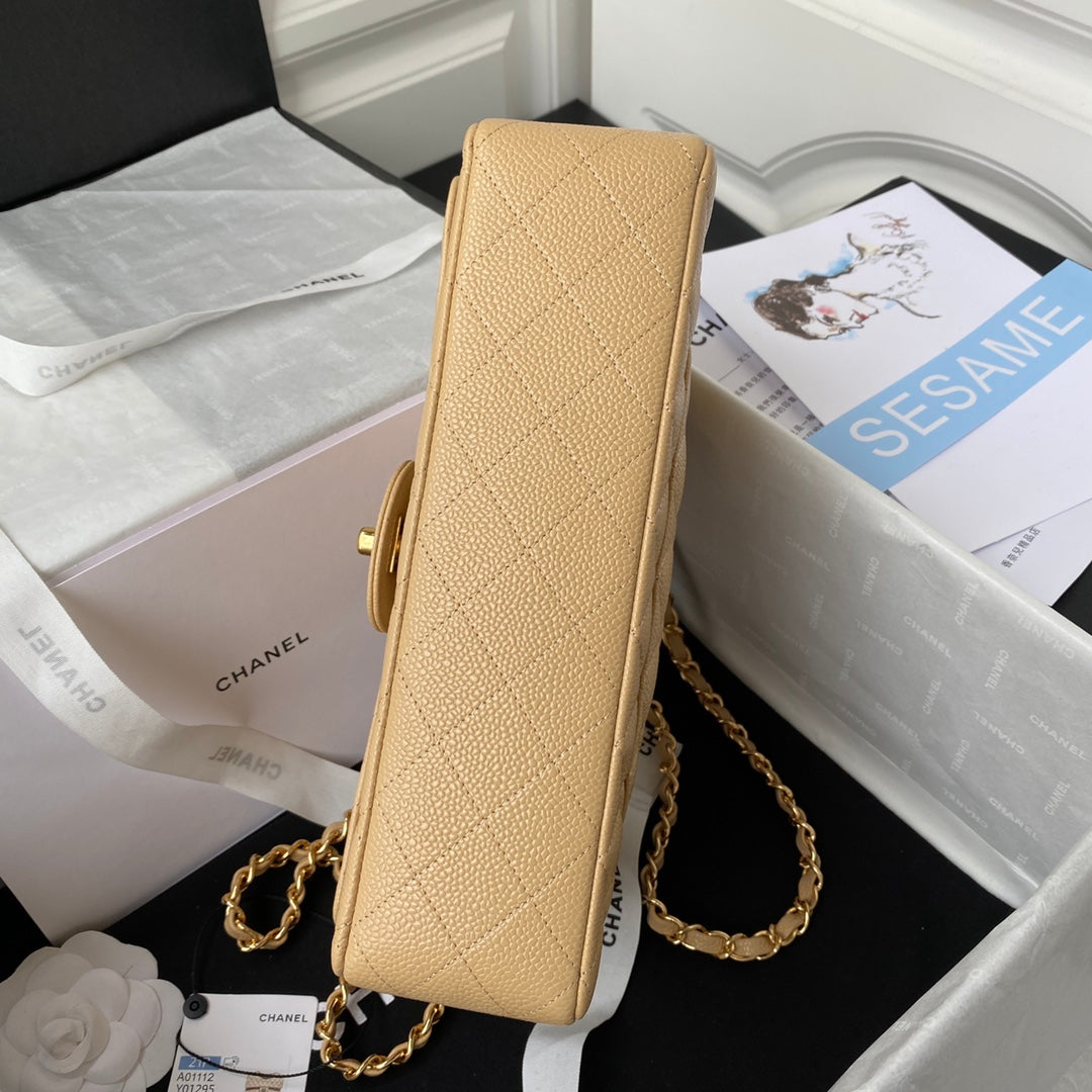 Chanel A01112 Classic Handbag Grained Calfskin Dark Beige Gold