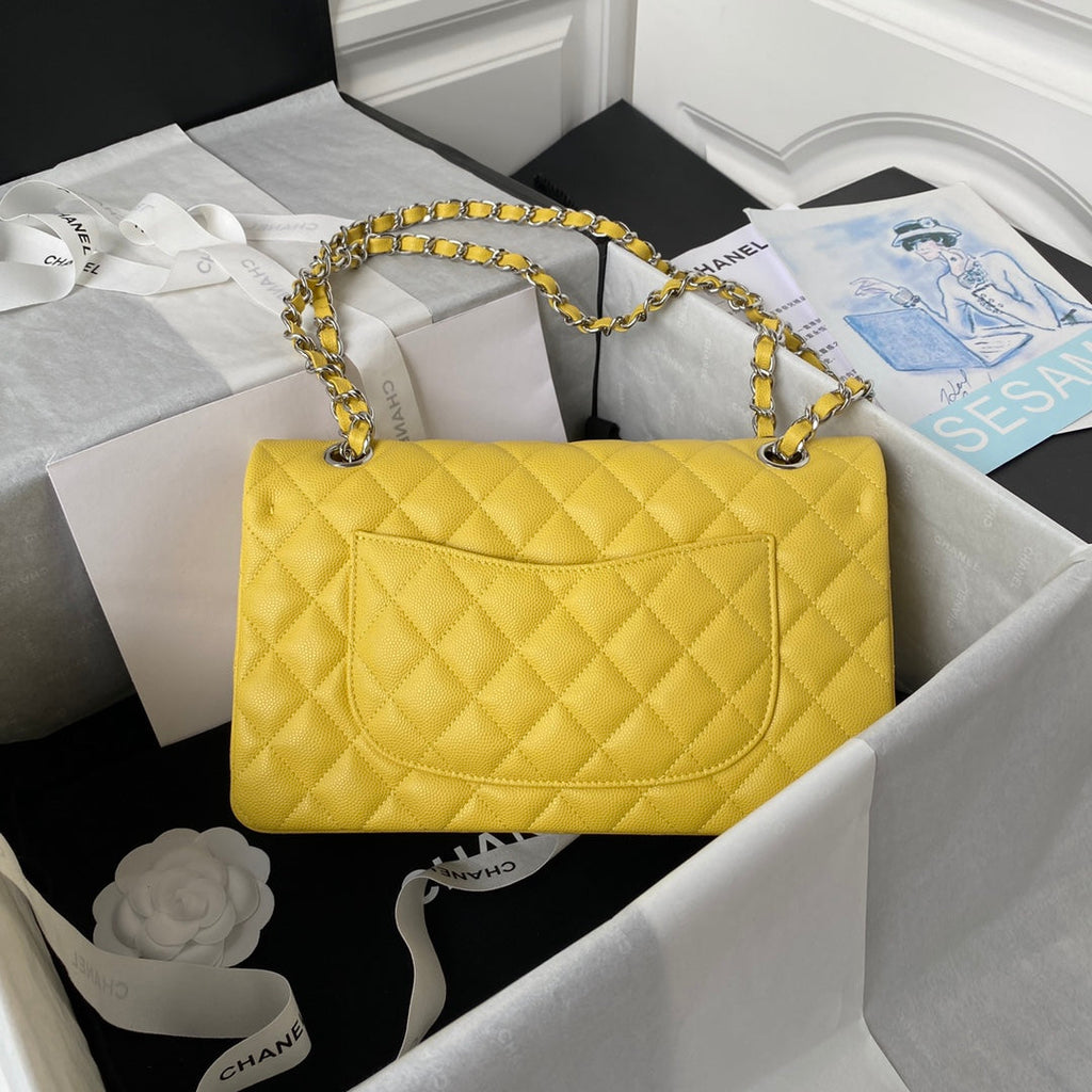 Chanel A01112 Classic Handbag Grained Calfskin Yellow Silver