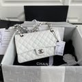 Chanel A01112 Classic Handbag Grained Calfskin White Silver