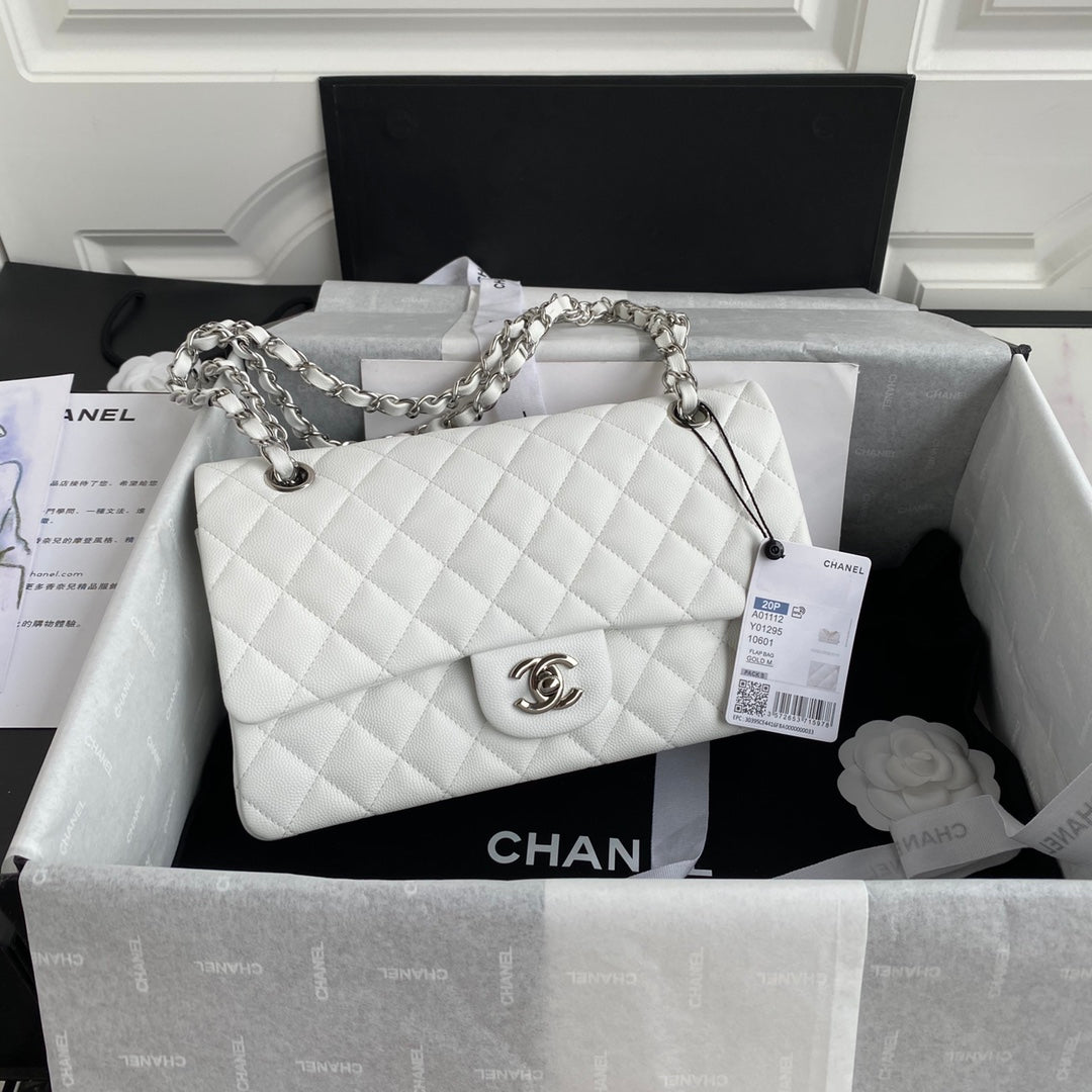 Chanel A01112 Classic Handbag Grained Calfskin White Silver