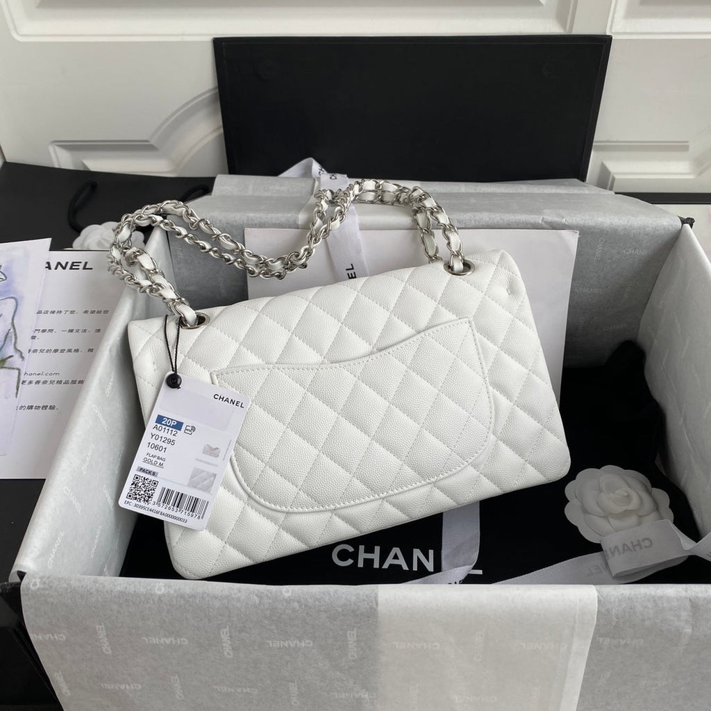 Chanel A01112 Classic Handbag Grained Calfskin White Silver