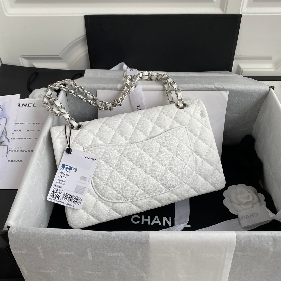 Chanel A01112 Classic Handbag Grained Calfskin White Silver