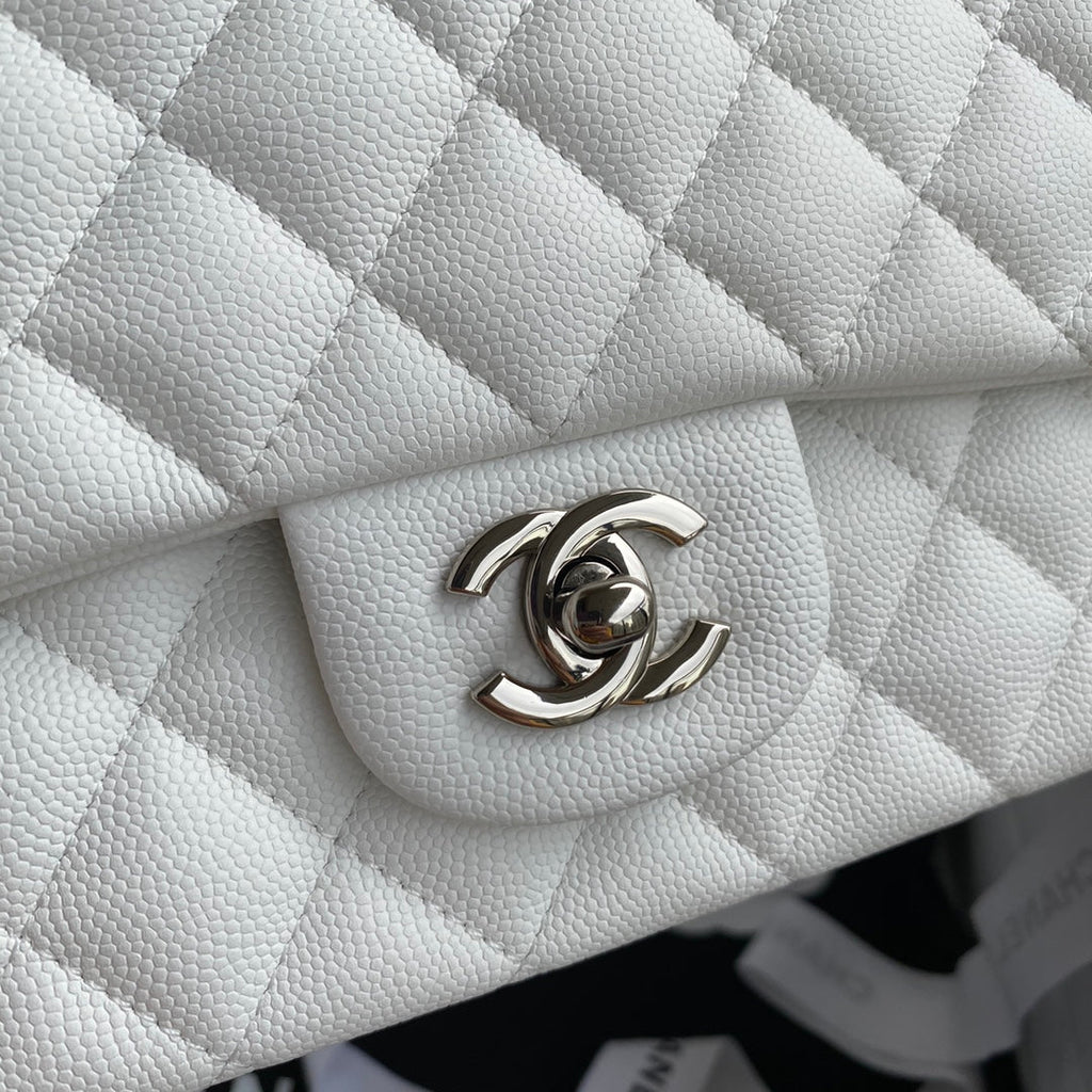 Chanel A01112 Classic Handbag Grained Calfskin White Silver