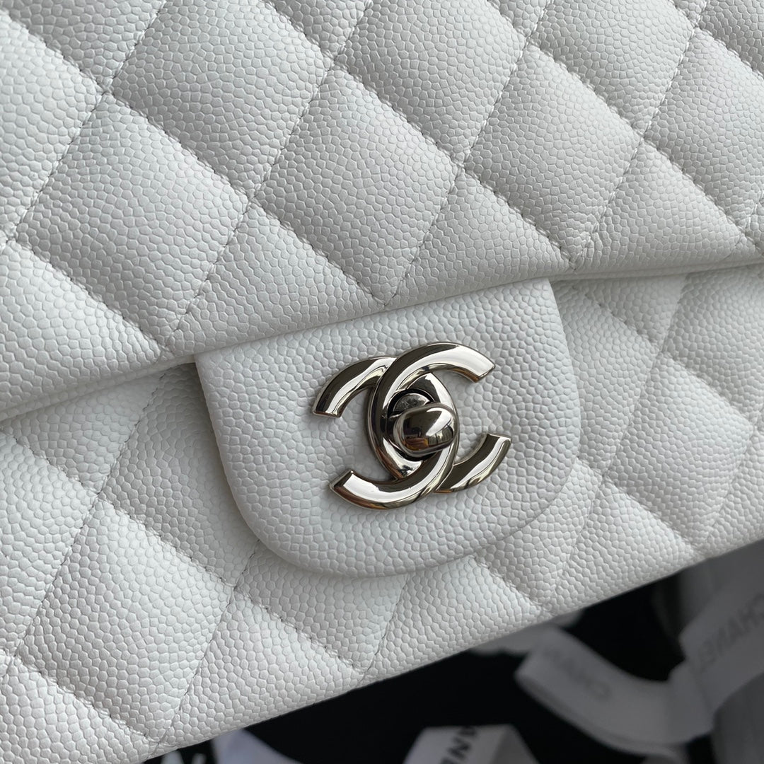 Chanel A01112 Classic Handbag Grained Calfskin White Silver