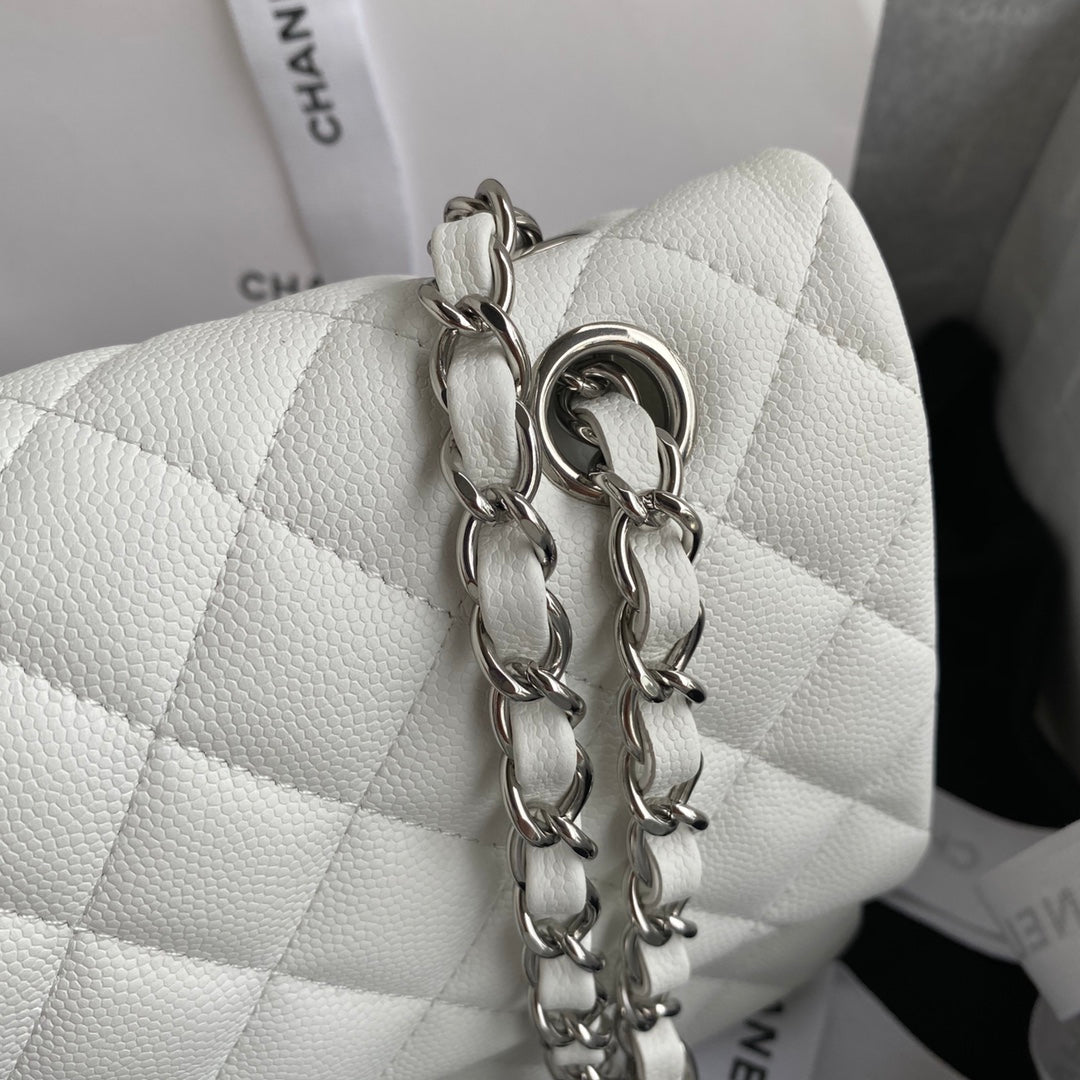Chanel A01112 Classic Handbag Grained Calfskin White Silver