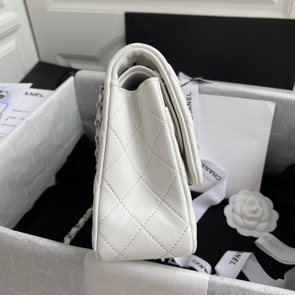Chanel A01112 Classic Handbag Grained Calfskin White Silver