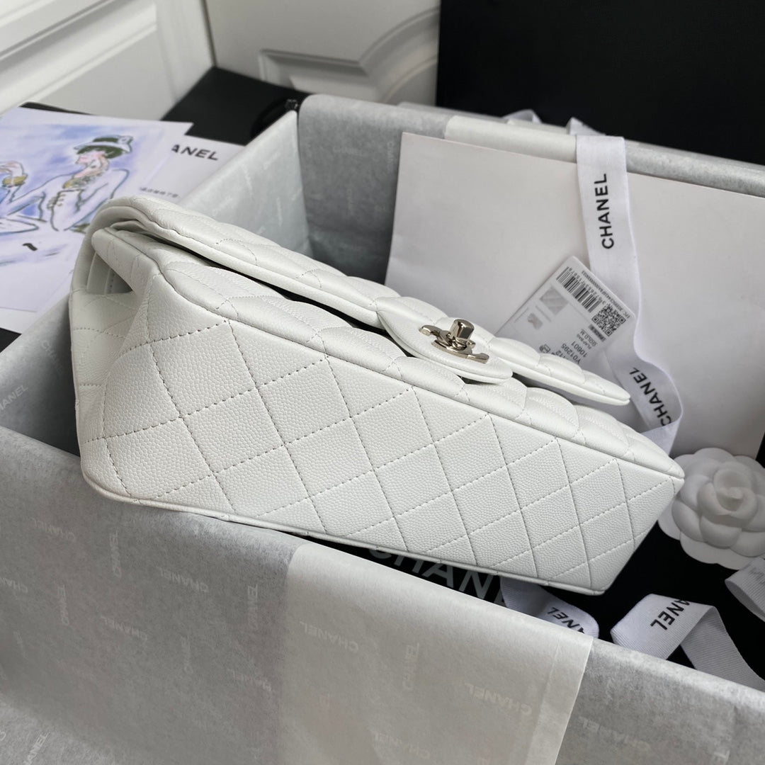 Chanel A01112 Classic Handbag Grained Calfskin White Silver