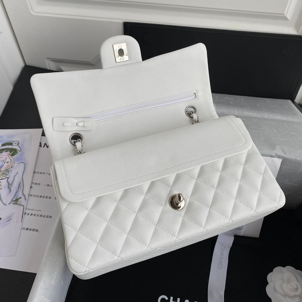 Chanel A01112 Classic Handbag Grained Calfskin White Silver