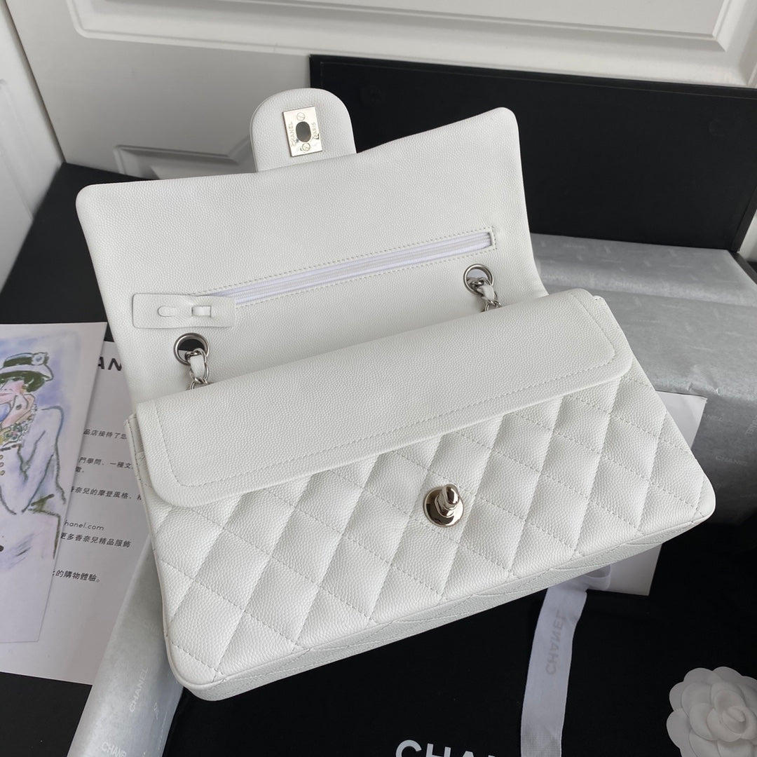 Chanel A01112 Classic Handbag Grained Calfskin White Silver