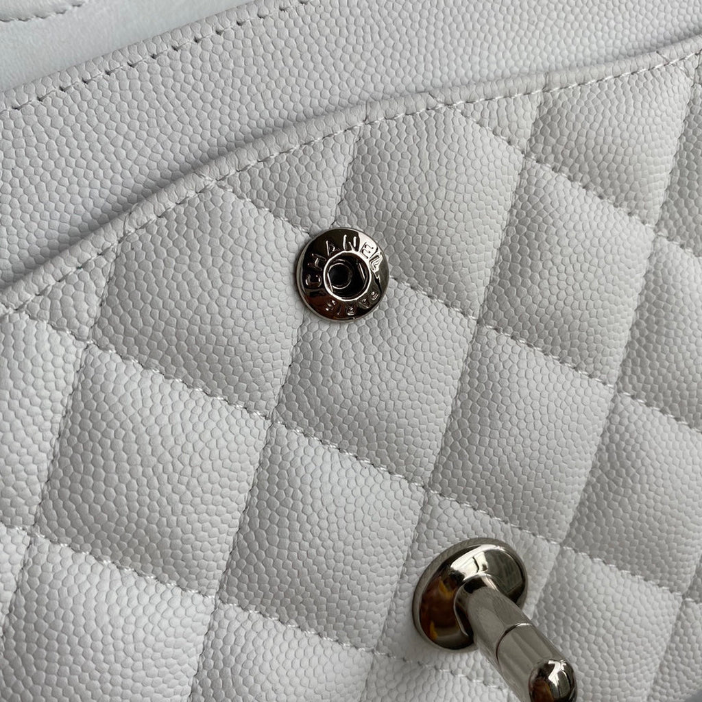 Chanel A01112 Classic Handbag Grained Calfskin White Silver