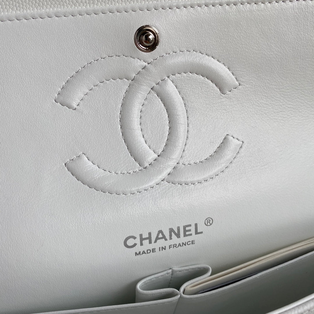 Chanel A01112 Classic Handbag Grained Calfskin White Silver