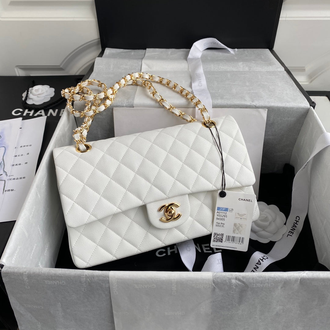 Chanel A01112 Classic Handbag Grained Calfskin White Gold