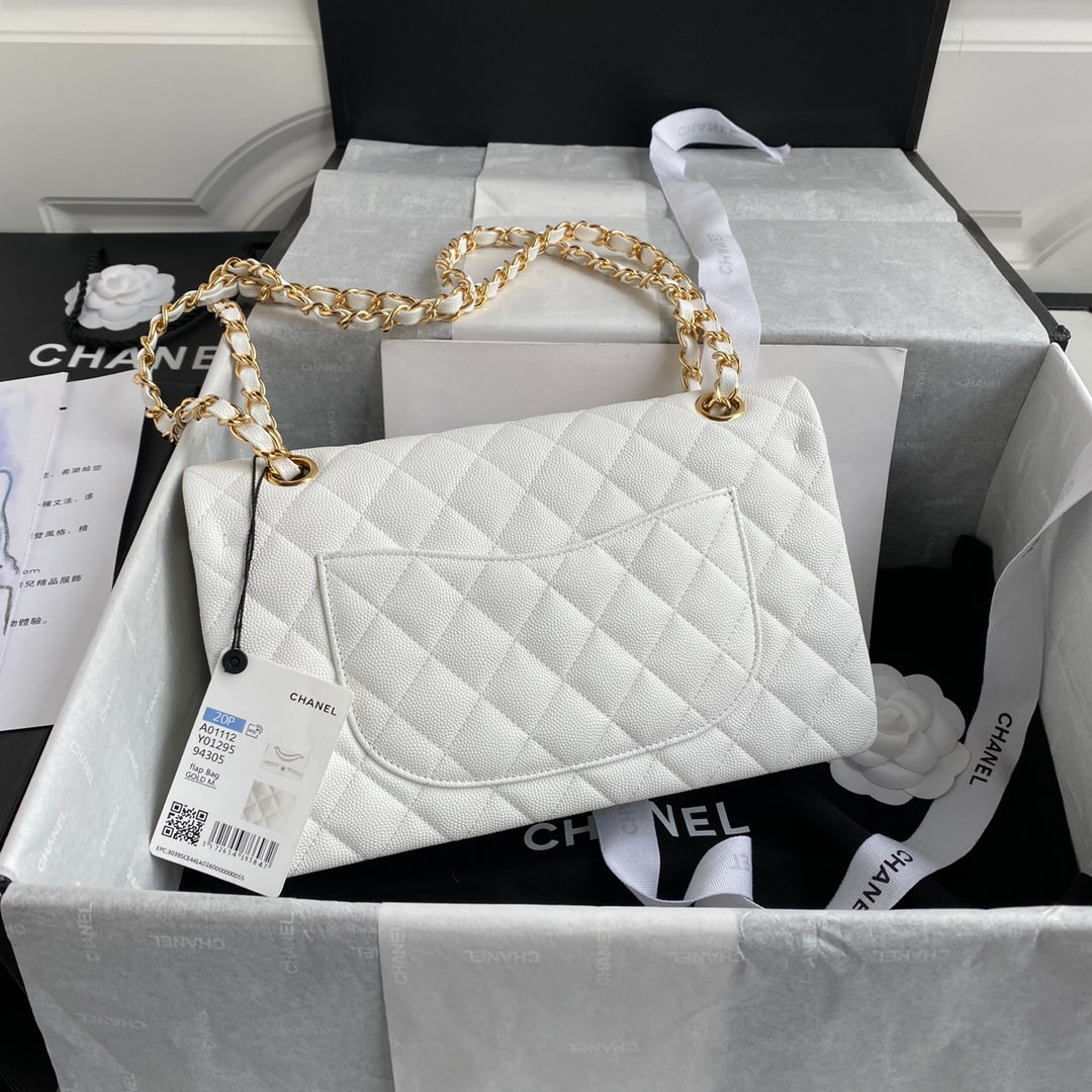 Chanel A01112 Classic Handbag Grained Calfskin White Gold
