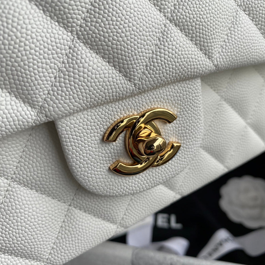 Chanel A01112 Classic Handbag Grained Calfskin White Gold