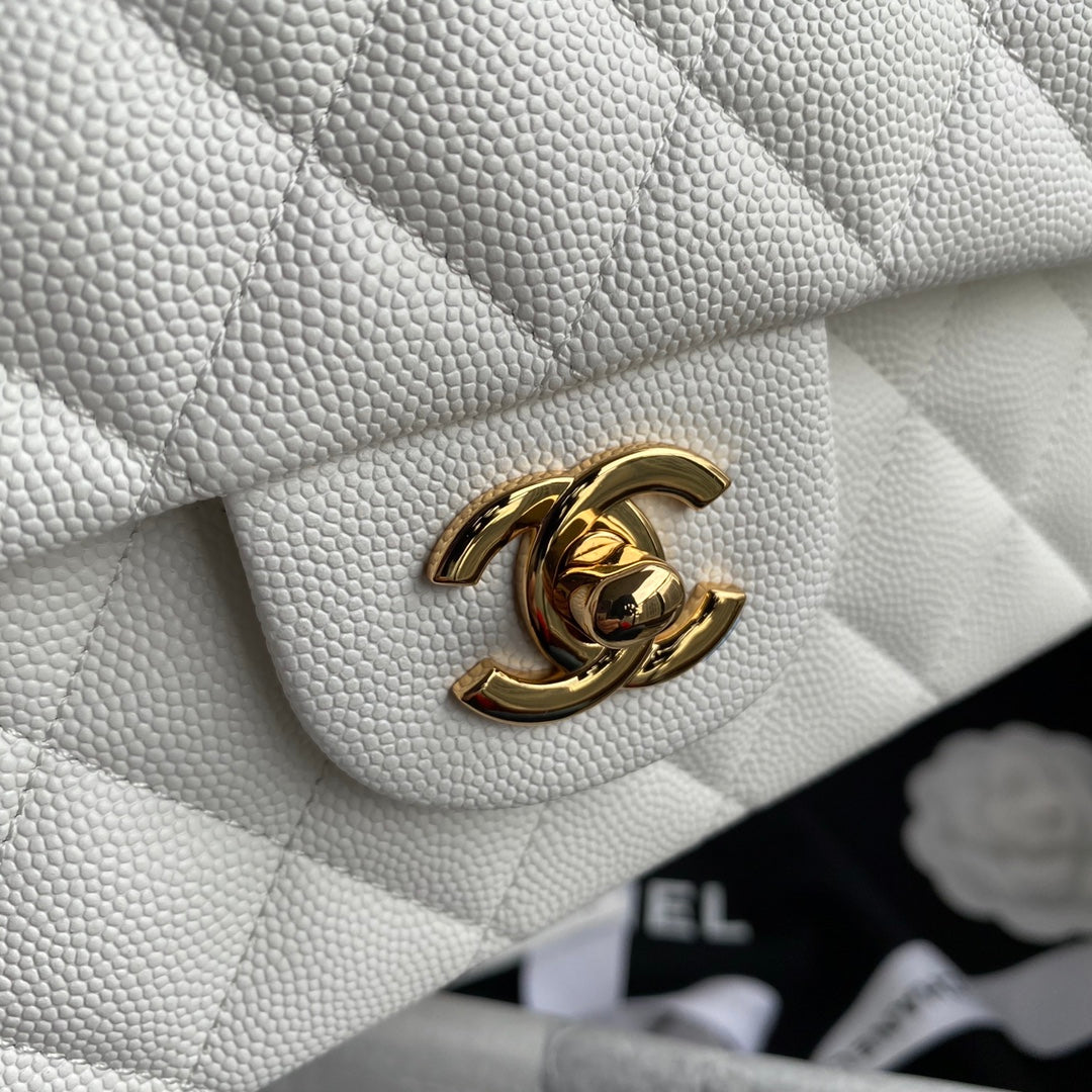 Chanel A01112 Classic Handbag Grained Calfskin White Gold