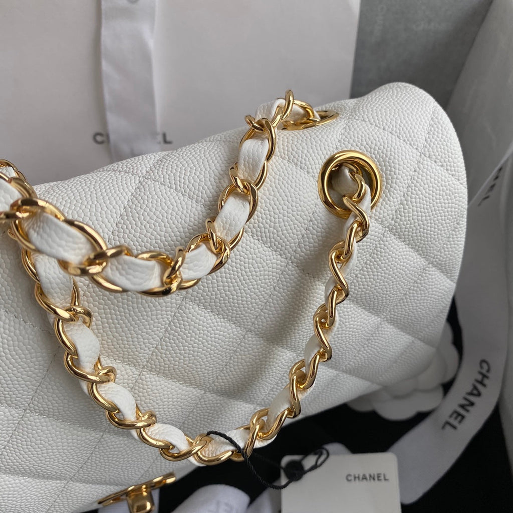 Chanel A01112 Classic Handbag Grained Calfskin White Gold