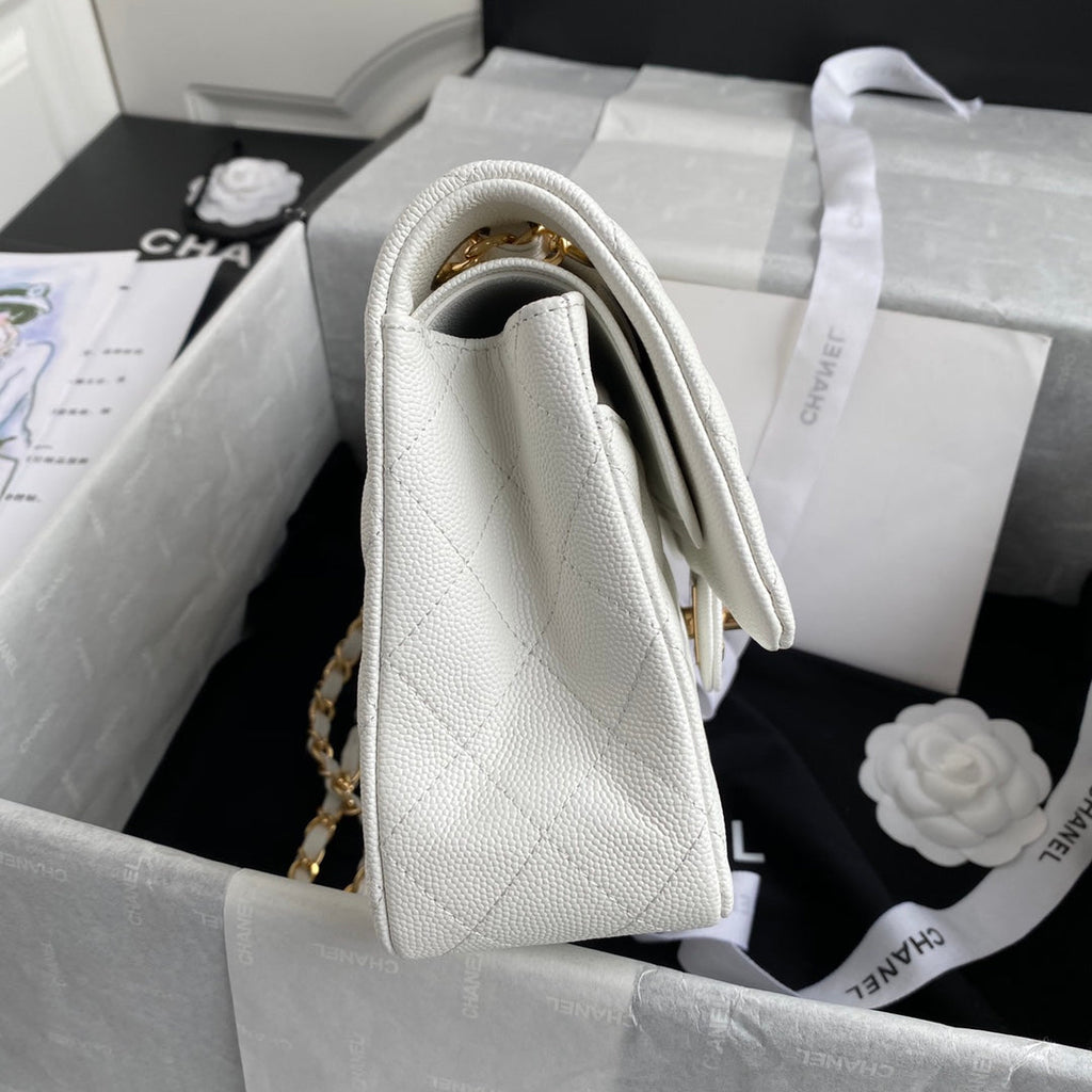 Chanel A01112 Classic Handbag Grained Calfskin White Gold