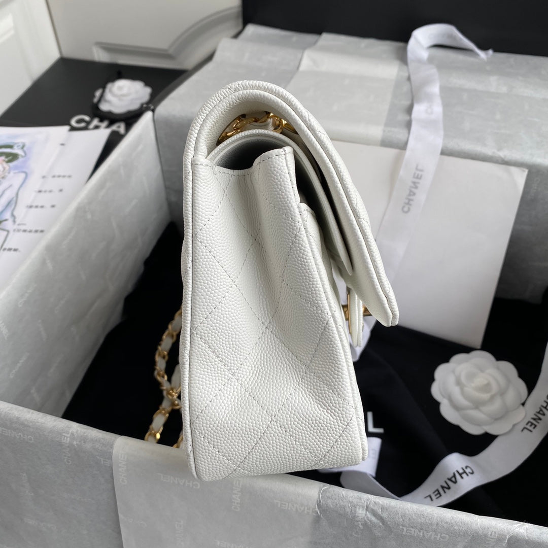 Chanel A01112 Classic Handbag Grained Calfskin White Gold