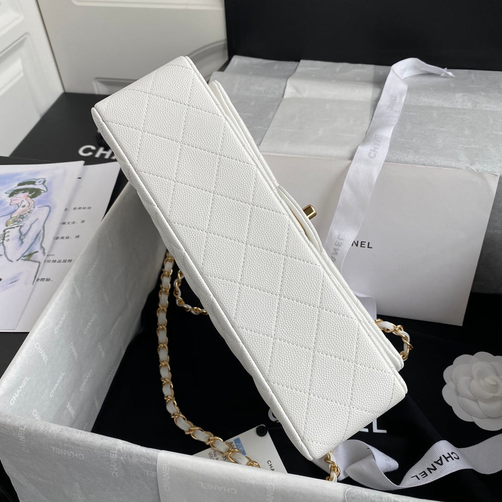 Chanel A01112 Classic Handbag Grained Calfskin White Gold