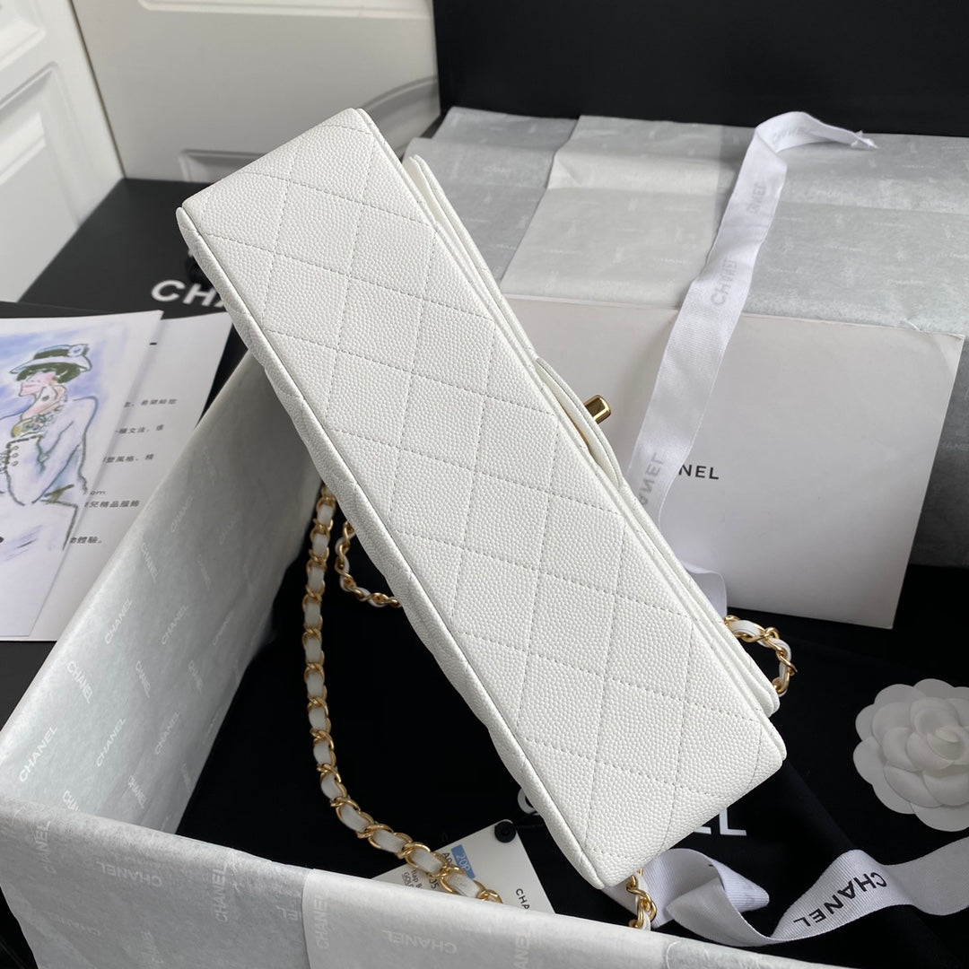 Chanel A01112 Classic Handbag Grained Calfskin White Gold