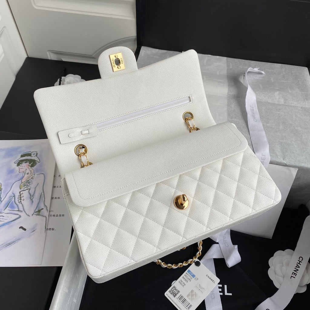 Chanel A01112 Classic Handbag Grained Calfskin White Gold