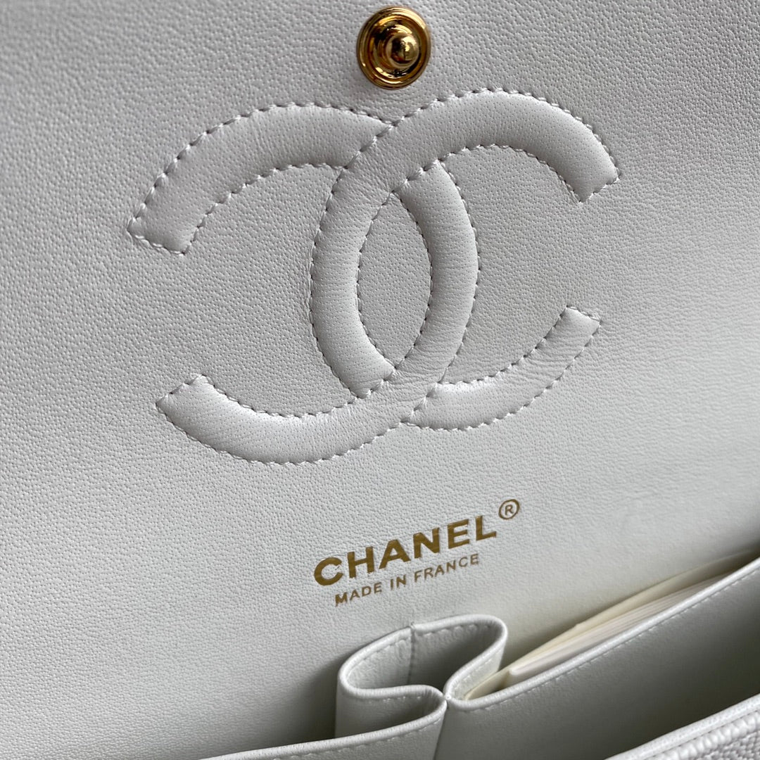 Chanel A01112 Classic Handbag Grained Calfskin White Gold