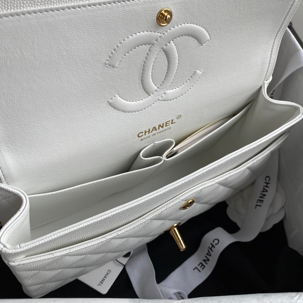 Chanel A01112 Classic Handbag Grained Calfskin White Gold