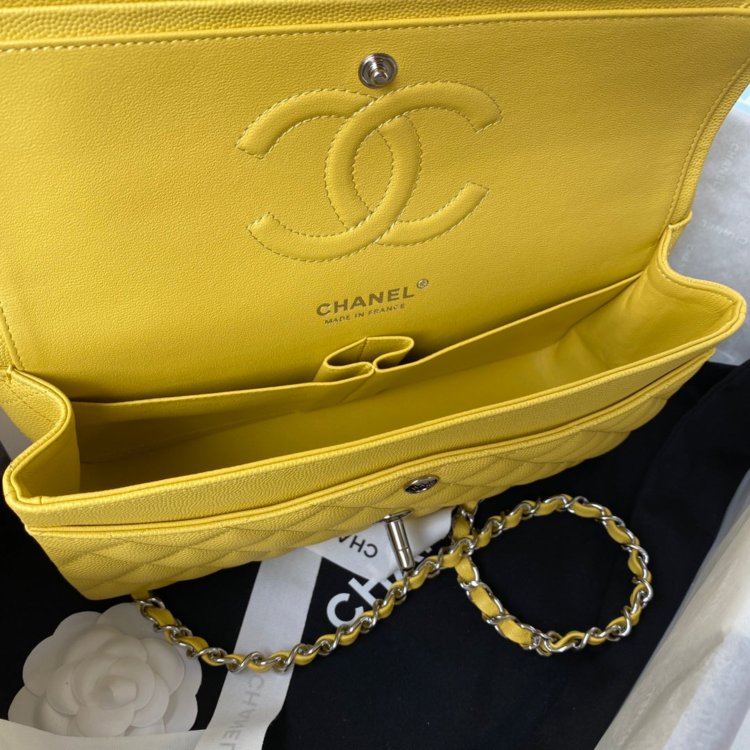 Chanel A01112 Classic Handbag Grained Calfskin Yellow Silver
