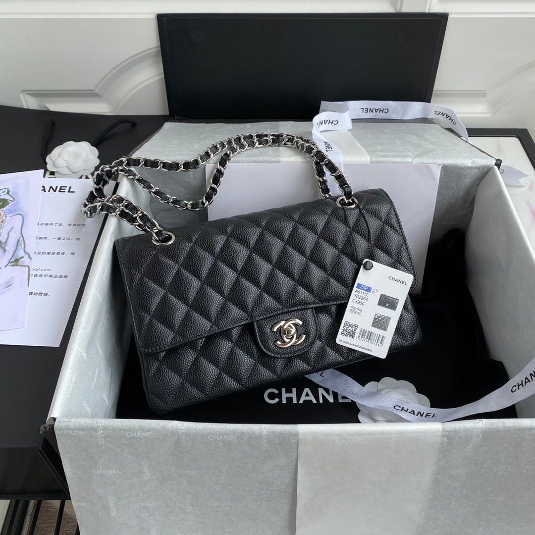 Chanel A01112 Classic Handbag Grained Calfskin Black Silver