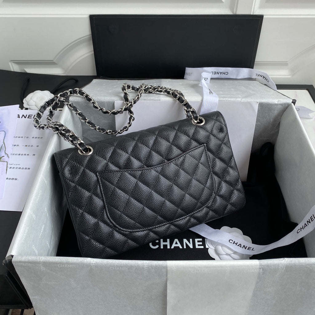 Chanel A01112 Classic Handbag Grained Calfskin Black Silver