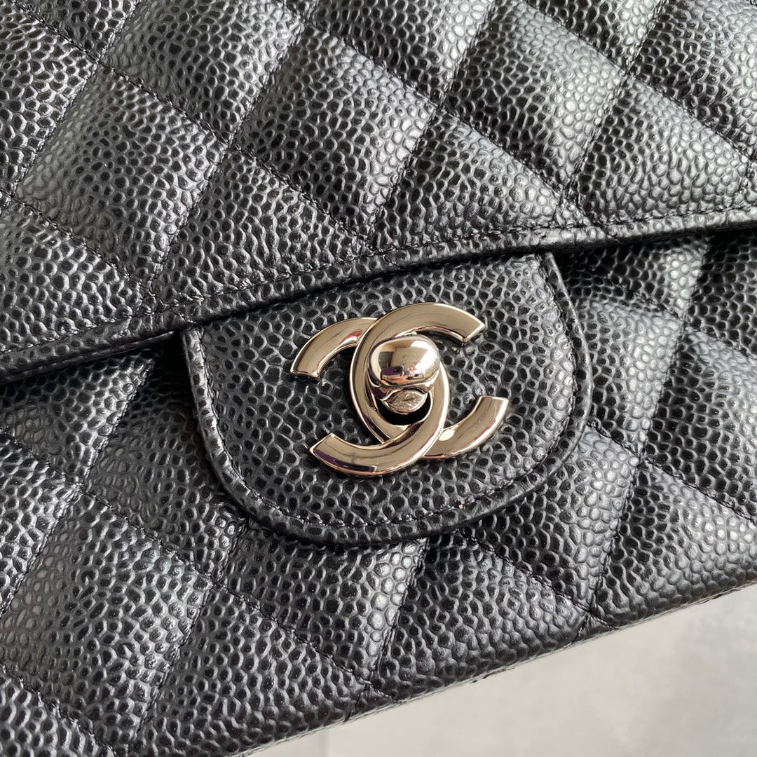 Chanel A01112 Classic Handbag Grained Calfskin Black Silver